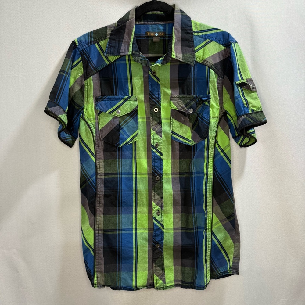 Two Ce Short Sleeve Plaid Button-Up Shirt Green Blue Black Size Large